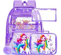 ZLYERT 3PSC Clear Backpack, 16" Heavy Duty Transparent Bookbag for Girls Women, Large See Through PVC School Backpacks with Lunch Box(Purple Unicorn)