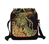 ZM National Wind Embroidered Bag Embroidered Canvas Shoulder Bag Diagonal Bag Small Bag Peacock Phoenix Sequin Embroidery Bag,Blue-23 * 18 * 5cm
