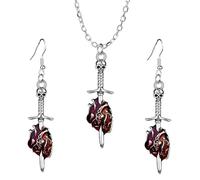 ZMANYIJEW Halloween Necklace Earrings Set for Women A Skull Dagger Inserted Into the Heart Pendant Earrings Necklace Spooky Punk Halloween Set for Women Halloween Accessories, Metal, No Gemstone