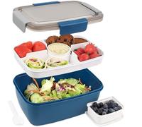 ZMCGNO Large Microwave Safe Bento Salad Food Container 4 Compartment Tray Lunch Box Bowl with Dressing(Blue)
