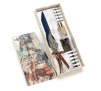 ZMellifluent Feather Pen Set, Retro Metal Calligraphy Writing Kit with Glass Ink Bottle and Pen Holder, Complete Dip Pen Gift for Couples, Teachers, and Elderly Writers (Dark Blue)