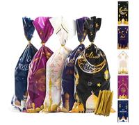ZMENCY 100 Pcs Eid Mubarak Gift Bags with Twist Ties - 5 Designs Opaque Ramadan Goodie Bags - Colorful Eid Cellophane Treat Bags for Party Favors, School Classrooms & Community Events