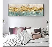 ZMFBHFBH Long Horizontal Wall Decoration Abstract Landscape Paintings Modern Gold Leaf Petal Painting On Canvas Framed Art Prints 20x60cm(7.8x24in) With Frame