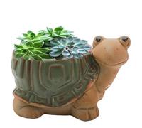 zmgmsmh Decorative Tortoise Ceramic Planter with Bamboo Base Indoor Plant Holder Animal Shaped Ceramic Succulent Pot with Drainage Mini Succulent Plants Cactus Planter (Tortoise)
