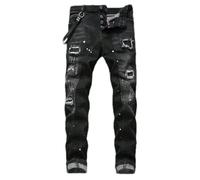 ZMIN Men's Tight Skinny Small Foot Jeans with Broken Holes and Elastic Paint Splash Black Panel Beggar Pants Black 30