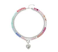 ZMJK Colorful Beaded Chunky Heart Pendant Necklace for Women Boho Rainbow Resin Beads Double Layer Necklaces Fashion Cuban Chain Choker Statement Jewelry, adjustable, Acrylic, No Gemstone
