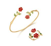 ZMJK Enamel Flower Cuff Bracelet &Ring Set for Women,Elegant Adjustable Camellia/Calla Lily/Daisy/Sunflower Leaf Open Bangle Ring Floral Jewelry Wedding Accessories, Adjustable, Alloy Steel, No