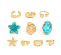 ZMJK Gold Starfish Seashell Beach Ring Set for Women Ocean Theme Stackable Open Ring Boho Enamel Flower Sea Turtle Knuckle Rings Summer Beach Jewelry, Size 5-11, Metal, No Gemstone