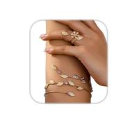 ZMJK Leaf Arm Cuff and Flower Ring Set for Women Sparkle Rhinestones Adjustable Tree Leaf Upper Arm Wrap Bracelet Multi-Layer Flower Ring Gold Armband Jewelry Set, Adjustable, Alloy Steel, Cubic
