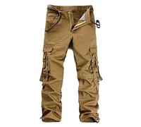 ZMNKH Men's Cotton Trousers Cargo Pants with Multi Pockets Straight Leg Relaxed Fit Tactical Combat Pants Casual Ripstop Work Trousers Khaki