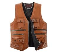 ZMNKH Men's Leather Biker Vest,Sleeveless Jacket Motorcycle Gilet V Neck Biker Waistcoat with Multi Pockets