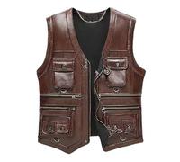 ZMNKH Men's Leather Biker Vest,Sleeveless Jacket Motorcycle Gilet V Neck Biker Waistcoat with Multi Pockets