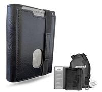 zmondi Men's Leather and Aluminium Card Holder with Elastic Strap Pop-Up Design Easy and Safe, Wallets for Men with Space for Cards and Bills - Gift Box, Black/White, 11.5 Centímetros X 9.0