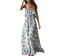 ZMPSIISA Women's Summer Off The Shoulder Maxi Dress Ruffle Strapless Blue White Porcelain Boho Casual Loose Long Dresses, Blue/White, M
