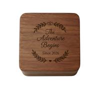 ZMR SHOP CRAFT Engraved Wooden Ring Bearer Box - The Adventure Begins - Personalized Engagement Ring Holder, Proposal Box With Two Rings Slots