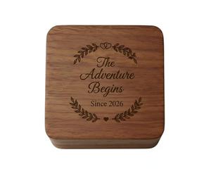 ZMR SHOP CRAFT Engraved Wooden Ring Bearer Box - The Adventure Begins - Personalized Engagement Ring Holder, Proposal Box With Two Rings Slots
