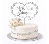 ZMR SHOP CRAFT Personalised Mr & Mrs Wedding Cake Topper, 3mm Thickness MultiColored Acrylic topper, Heart Wreath Design with Custom Name and Date, Party Decoration (Silver)