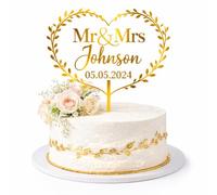 ZMR SHOP CRAFT Personalised Mr & Mrs Wedding Cake Topper, 3mm Thickness MultiColored Acrylic topper, Heart Wreath Design with Custom Name and Date, Party Decoration (Gold)