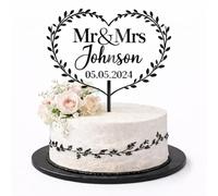 ZMR SHOP CRAFT Personalised Mr & Mrs Wedding Cake Topper, 3mm Thickness MultiColored Acrylic topper, Heart Wreath Design with Custom Name and Date, Party Decoration (Black)
