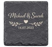 ZMR SHOP CRAFT Personalized Slate Coasters Set of 1 or 6, Customizable Wedding Gift, Heart & Leaf Design, Natural Stone (Square)