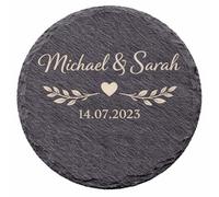 ZMR SHOP CRAFT Personalized Slate Coasters Set of 1 or 6, Customizable Wedding Gift, Heart & Leaf Design, Natural Stone (Round)