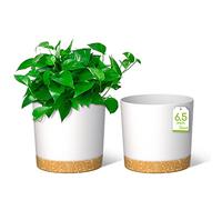 ZMTECH 16.5cm Plant Pots, Modern Planters with Drainage Holes and Detachable Saucer, Plastic Flower Pots for Plants for House Garden Windowsill (Set of 2, White)