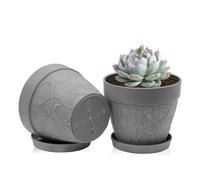 ZMTECH 17.5 cm Plant Pots with Saucers & Drainage Holes, 7 Inch Plastic Terracotta-Look Planter, Medium Flower Pot with Tray for Indoor Outdoor Peace Lily Herb House Plants (Grey, Set of 2)