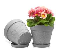 ZMTECH 25 cm Plant Pots with Saucers & Drainage Holes, 10 Inch Plastic Terracotta-Look Planter, Large Flower Pot with Tray for Indoor Outdoor Snake Plant Aloe Monstera House Plants (Grey, Set of 2)