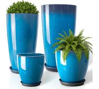 ZMTECH Plant Pots 25/30/35.5/30cm Diameter, 26/30/53/61 cm Tall Flower Pots for Outdoor Indoor Plants with Drainage Hole Saucer, Lightweight Glossy Smooth Pots for Porch Patio (Set of 4, Blue)