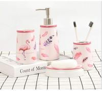 Zmum67 Elegant 4Pcs Bath set with beautiful pink Flamingos,Ceramic Soap Dish,Soap Dispenser,Toothbrush Holder & Tumbler Bathroom Set