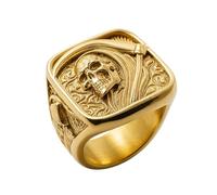 ZMY Home Grim Reaper Ring for Men - Gold Skull with Scythe Signet Statement Ring, Death Biker Punk Stainless Steel Jewelry, Metal, No Gemstone
