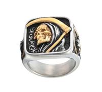 ZMY Home Grim Reaper Ring for Men - Gold Skull with Scythe Signet Statement Ring, Death Biker Punk Stainless Steel Jewelry, Metal, No Gemstone