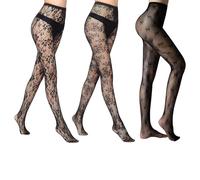 ZNDFTW 3 Pairs Women's Patterned Fishnet Tights, Lace Floral Pantyhose High Waist Fishnet Stockings Black Patterned Tights for Women Lady(Black Pattern Style)