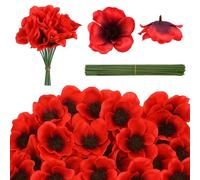 ZNDFTW 60 Set Red Poppy Artificial Flowers Fake Flowers for Remembrance, Sunday Poppies Head Fake Wildflowers with Flower Branch for Veterans Day Bouquet Corsages Home Kitchen Decorations