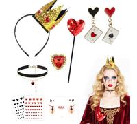 ZNDFTW Queen of Hearts Costume Set - 9Pcs Queen of Hearts Accessories with Crown, Necklace, Ring, Wand, Earrings, Face Stickers for Halloween Carnival World Book Day Cosplay Party
