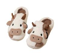 ZNEL Cartoon Cow Fuzzy Cotton Extra Large Slippers, Indoor Outdoor Cute Animal Cartoon Fluffy Plush Anti-Skid Home Shoes for Women Men(48/49 EU, Brown)