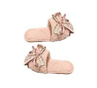ZNEL Femmes Chaussons Moelleux En Peluche Nœud En Dentelle Avec Perles Bout Fermé Pantoufles Plates Confortables Et Douillets Semelle Antidérapante Chaussures(41/42 EU, Pink)