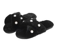 ZNEL Femmes Chaussures Moelleux Et Duveteux à Bride Croisée Ornés De Perles Bout Ouvert Pantoufles Semelle Antidérapante Confortables Et Doux Chaussons(36/37 EU, Black)