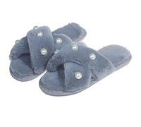 ZNEL Femmes Chaussures Moelleux Et Duveteux à Bride Croisée Ornés De Perles Bout Ouvert Pantoufles Semelle Antidérapante Confortables Et Doux Chaussons(42/43 EU, Blue)