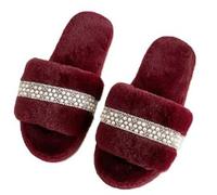 ZNEL Femmes Pantoufles à Bout Ouvert Moelleuses Chaussures Dentelles à Rubans Décorées De Perles Sandales Duveteuses Antidérapantes(38 EU, Red)