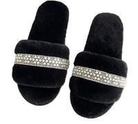 ZNEL Femmes Pantoufles à Bout Ouvert Moelleuses Chaussures Dentelles à Rubans Décorées De Perles Sandales Duveteuses Antidérapantes(38 EU, Black)