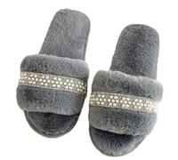 ZNEL Femmes Pantoufles à Bout Ouvert Moelleuses Chaussures Dentelles à Rubans Décorées De Perles Sandales Duveteuses Antidérapantes(36 EU, Gray)