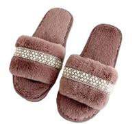 ZNEL Femmes Pantoufles à Bout Ouvert Moelleuses Chaussures Dentelles à Rubans Décorées De Perles Sandales Duveteuses Antidérapantes(37 EU, Pink)