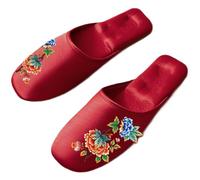 ZNEL Floral Pattern Printed Satin Closed-Toe Flat Slippers for Women Men Silk Lined Non-slip Memory Foam Elegant House Shoes(40/41 EU, B)