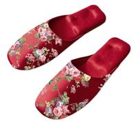 ZNEL Floral Pattern Printed Satin Closed-Toe Flat Slippers for Women Men Silk Lined Non-slip Memory Foam Elegant House Shoes(44/45 EU, C)