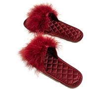 ZNEL Fluffy Feathers Flat Slippers Satin Sandal Bridal Flips Flops Hand Sewn Quilting Comfortable Memory Foam Slides Wedding House Shoes(38/39 EU, Red)