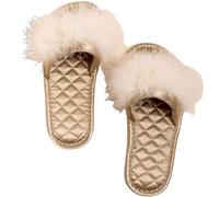 ZNEL Fluffy Feathers Flat Slippers Satin Sandal Bridal Flips Flops Hand Sewn Quilting Comfortable Memory Foam Slides Wedding House Shoes(38/39 EU, Gold)