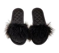 ZNEL Fluffy Feathers Flat Slippers Satin Sandal Bridal Flips Flops Hand Sewn Quilting Comfortable Memory Foam Slides Wedding House Shoes(38/39 EU, Black)