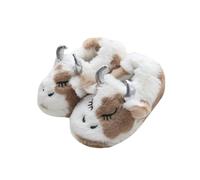 ZNEL Kids Fuzzy Funny Animal Kawaii Fluffy Warm Slipper Cotton Animal Print Slippers Cute Non-slip Plush Cow Home Shoes for Boys & Girl(Little Kid 12.5-13.5(195mm), Brown)