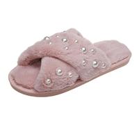 ZNEL Mujer Pantuflas De Felpa Tira Cruzada Con Perlas Irregulares Punta Abierta Cómodas Suaves Zapatillas De Casa Antideslizantes Para Interior Y Exterior(38/39 EU, Pink)